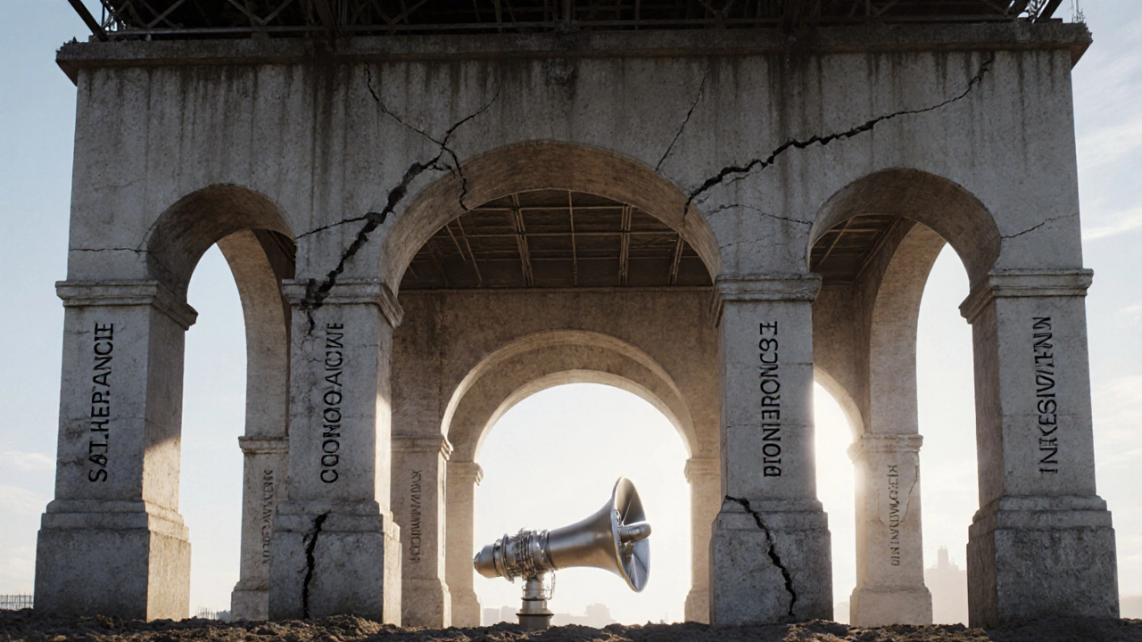 Четыре каменных опоры поддерживают промышленную конструкцию, символизируя управление качеством.