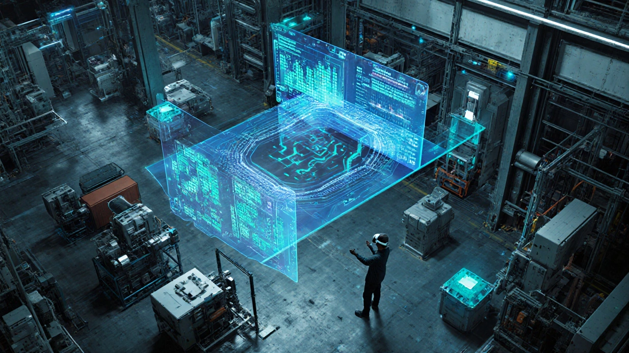 Цифровой завод будущего с IoT‑датчиками, голографическими данными и обучающим в VR сотрудником.