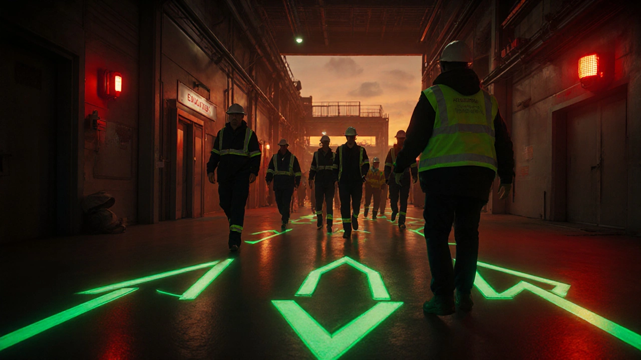 Эвакуационная учёба: работники идут по подсвеченному маршруту в заводе.