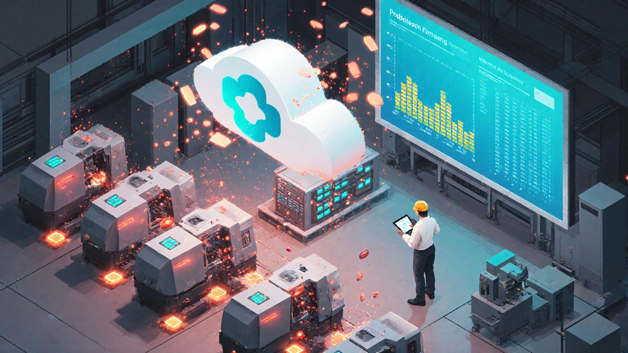 Фабрика с IoT‑датчиками, AI‑экран и техническим персоналом.