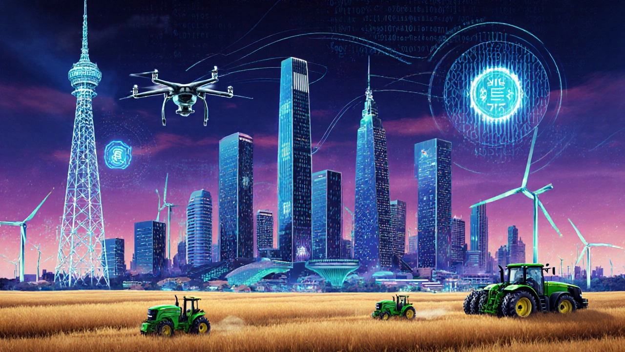Футуристический город с дронами над полями, 5G башнями и цифровыми голограммами.