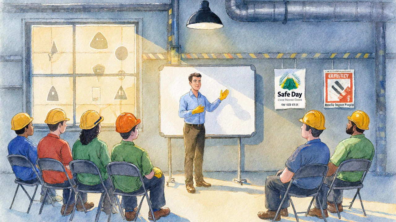 Группа сотрудников на инструктажe по безопасности в зале завода.