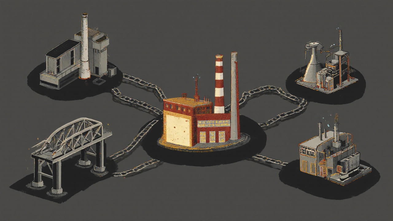 Промышленная цепочка, соединяющая завод с мостом, поездом и больницей.