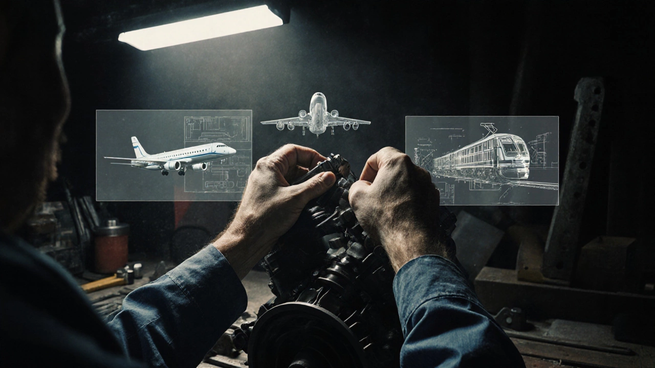 Рабочий чинит двигатель, вокруг — силуэты самолета, поезда и больницы.