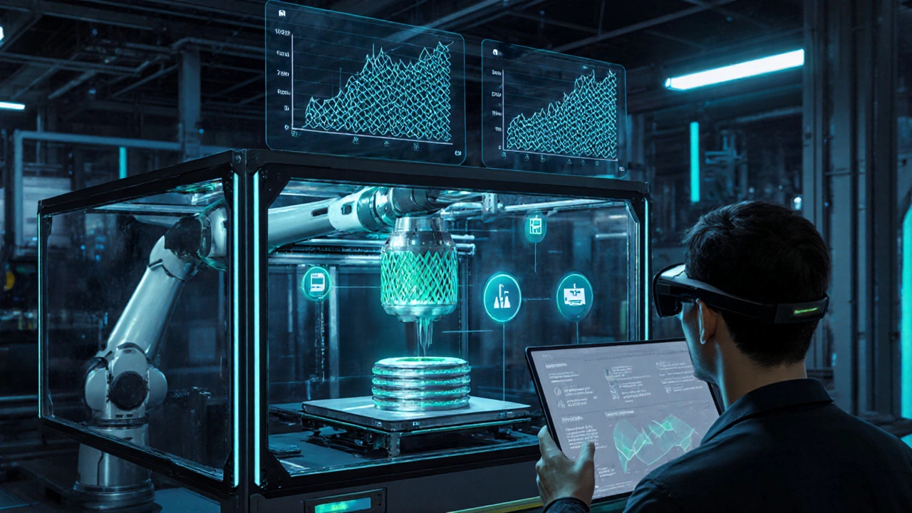 Робот, 3D‑принтер и техник в AR‑очках с голограммами данных.