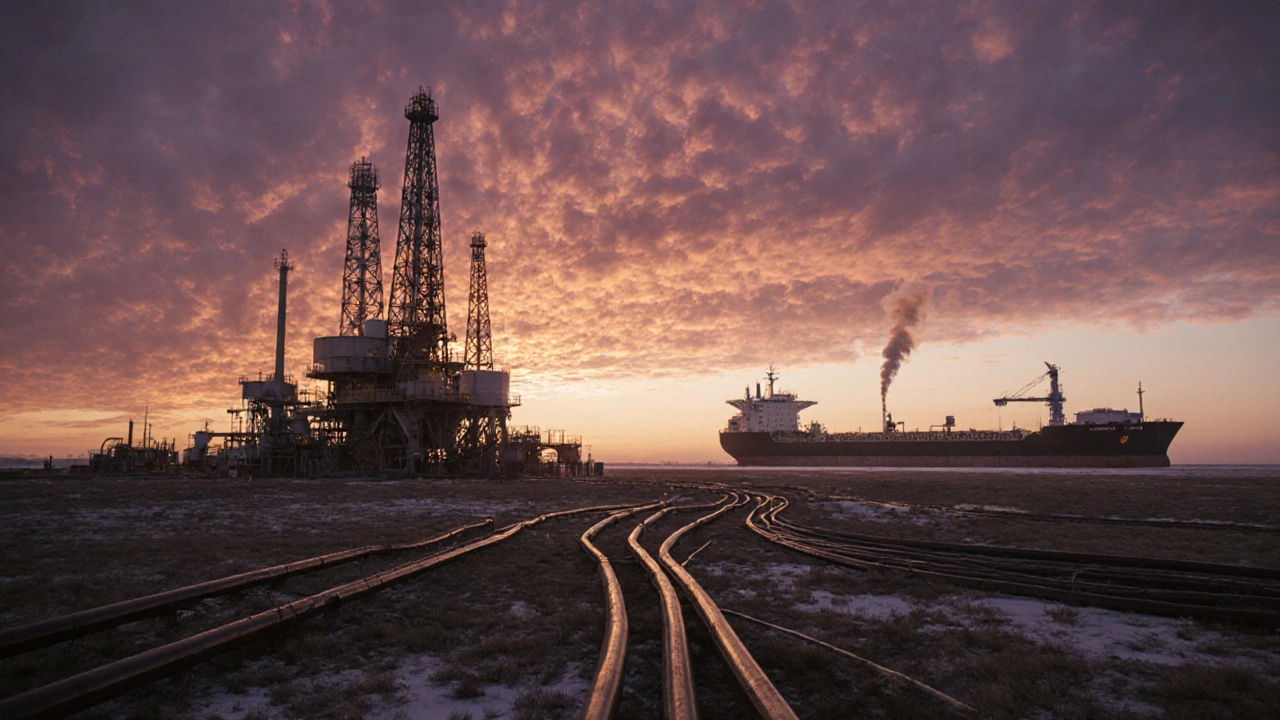 Сибирские нефтяные платформы, трубы и газовый завод на фоне заката.