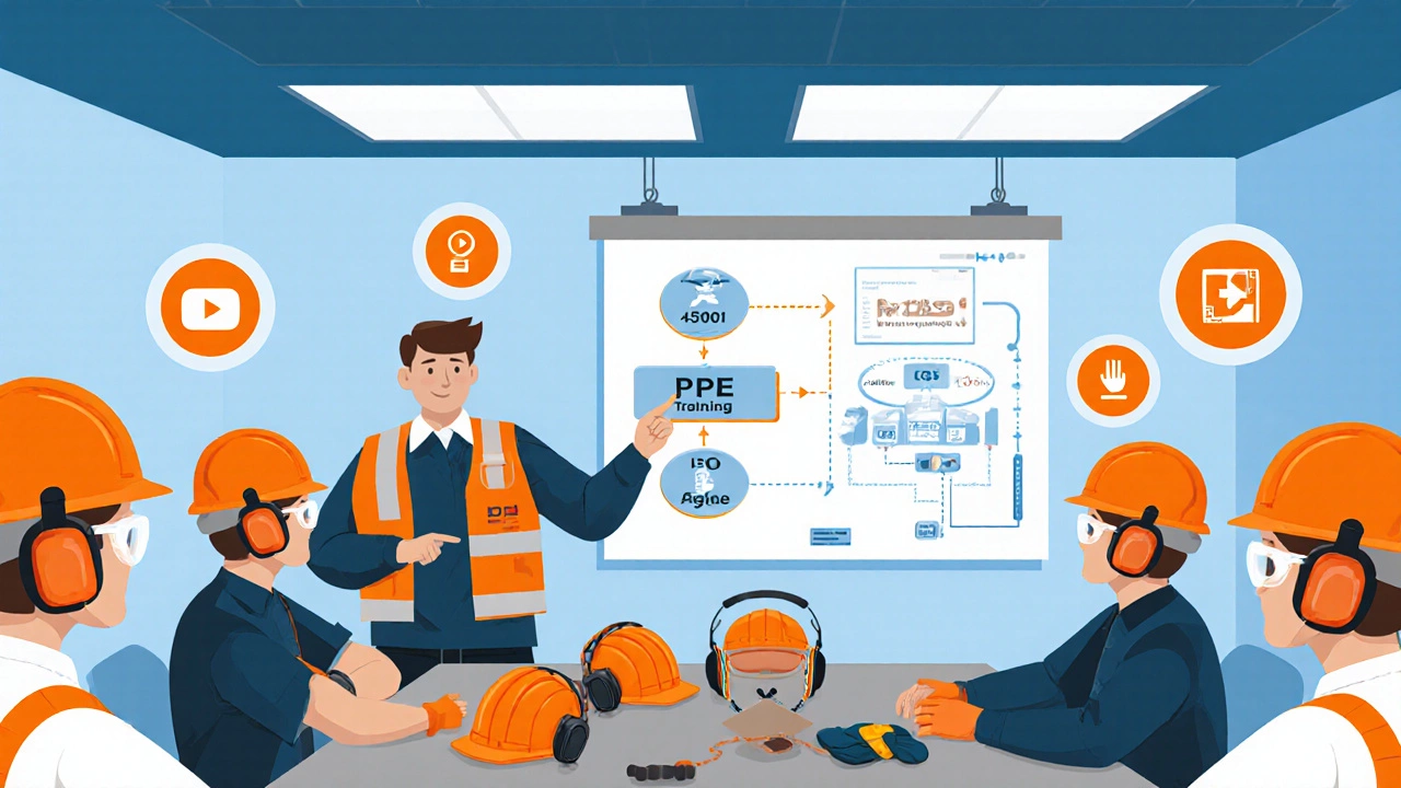 Сотрудники проходят инструктаж по СИЗ в учебном зале с плакатом ISO 45001.