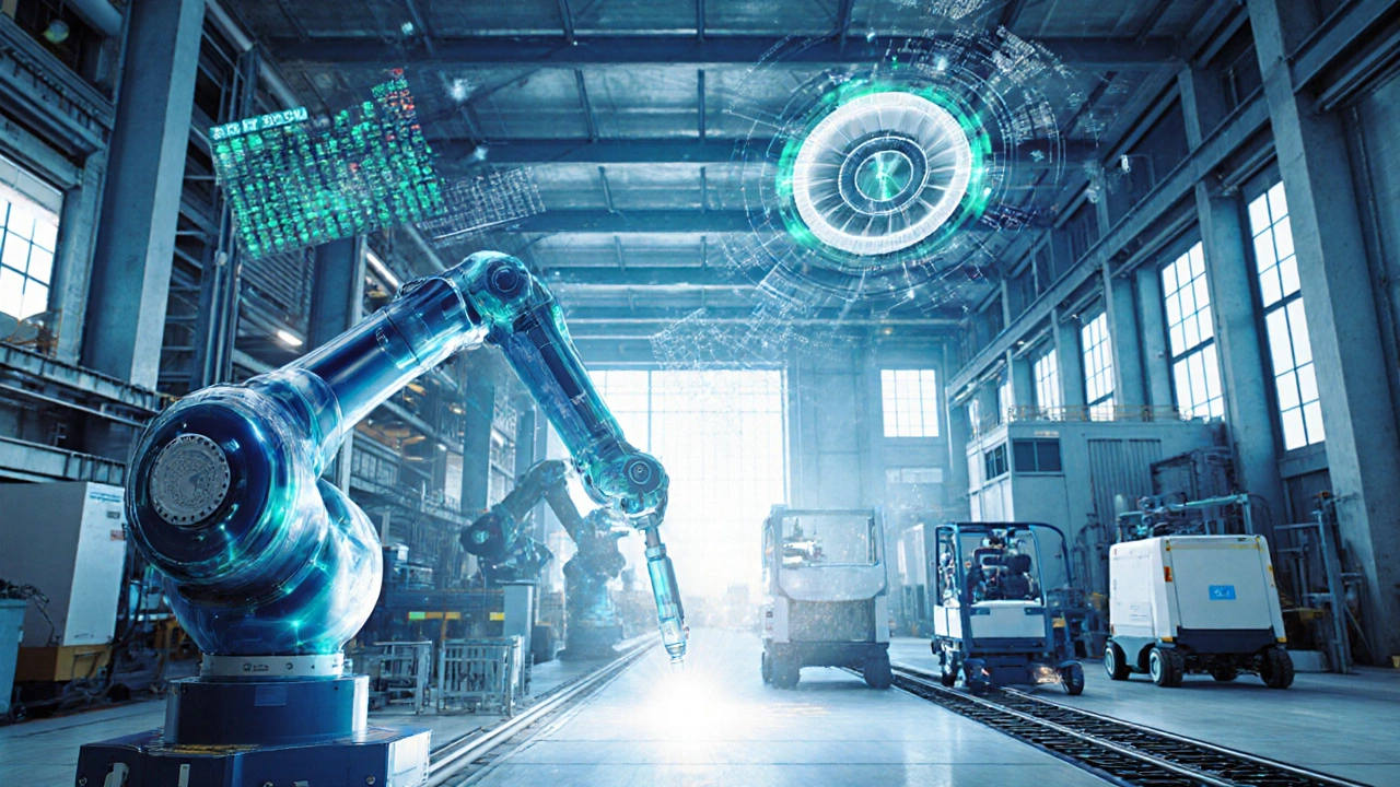 Современный завод Industry 4.0 с роботами, сенсорами и цифровыми дисплеями.