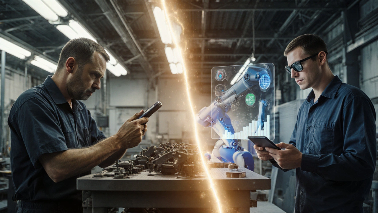 Сравнение: работники вручную проверяют детали слева, справа — те же люди управляют роботами через смарт-очки и голографические интерфейсы.