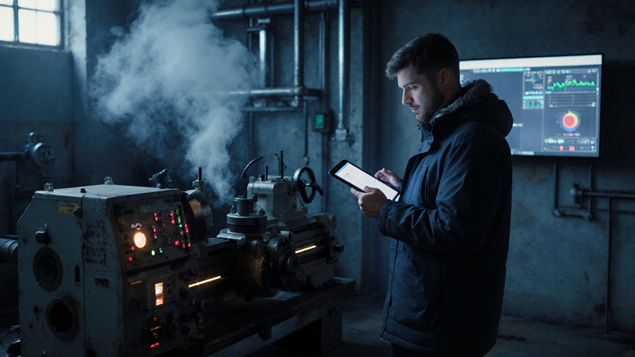Техник диагностирует умный токарный станок с датчиками, на экране — предиктивные уведомления, в фоне — старое оборудование с современными модулями.