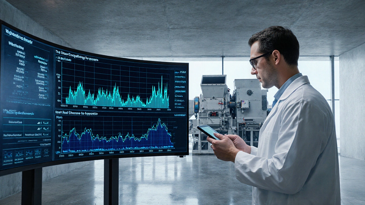 Техник наблюдает за экраном с графиками датчиков на промышленном оборудовании.