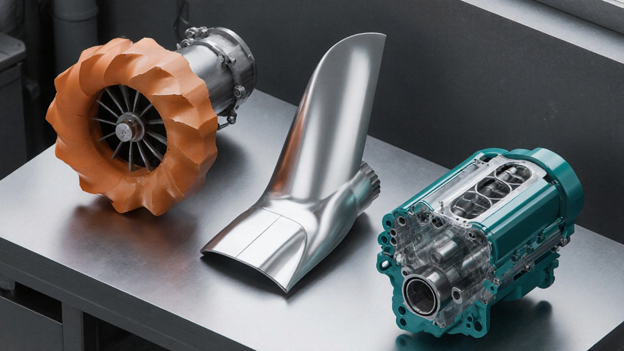 Три модели на столе: полигональная, NURBS‑поверхность и твердотельный блок с вырезом.