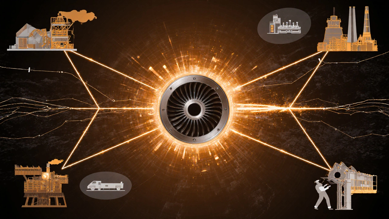 Цепочка ценности промышленного производства: турбина, связанная с шахтами, железными дорогами и инженерами.