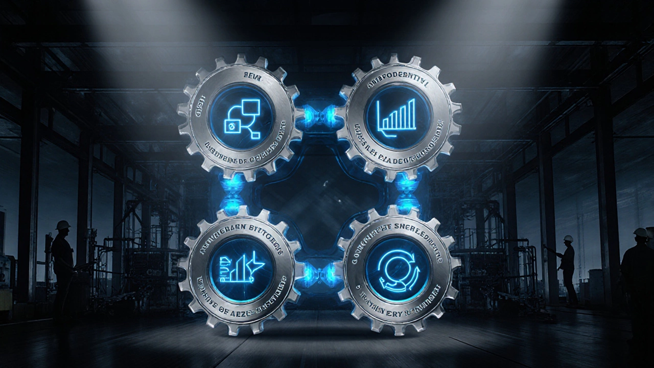 Четыре металлических колеса символизируют ключевые элементы качества в производстве.