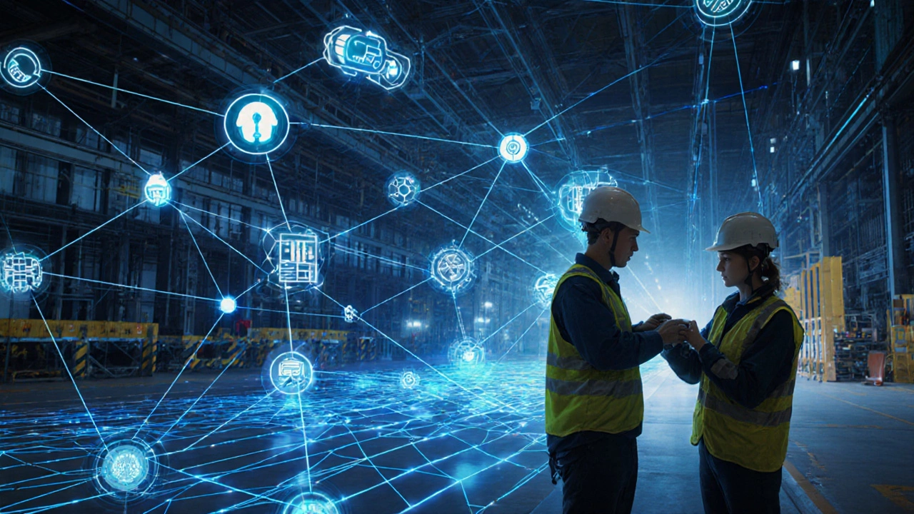 Цифровая схема системы безопасности на производстве с датчиками и уведомлениями.