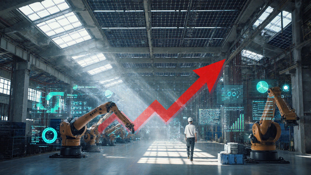 Цифровой завод с роботами, голографическими панелями и солнечными панелями на крыше.