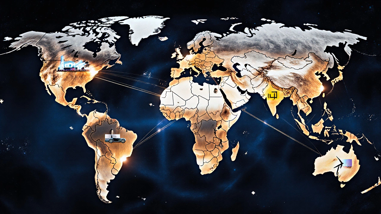 Глобальная сеть заводов, соединённых светящимися линиями, с символами транспорта, медицины и энергетики.