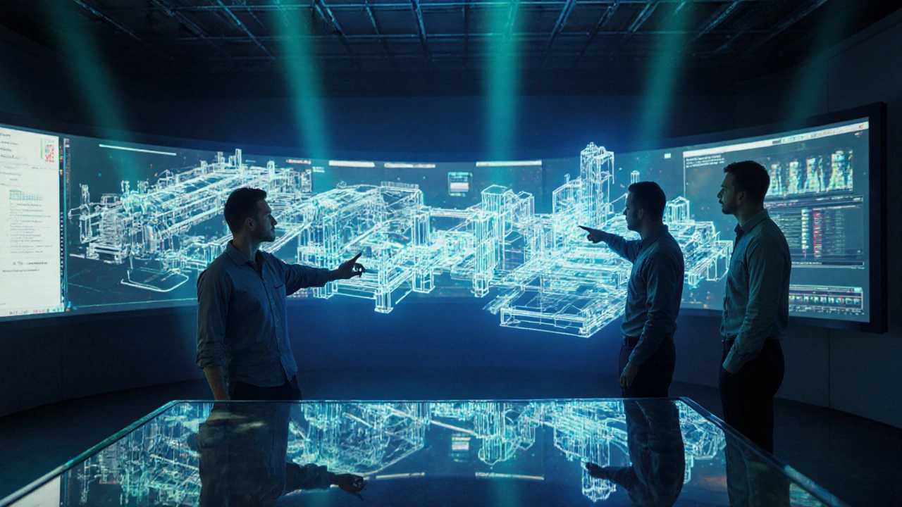 Голографический цифровой двойник производственной линии в контрольной комнате.