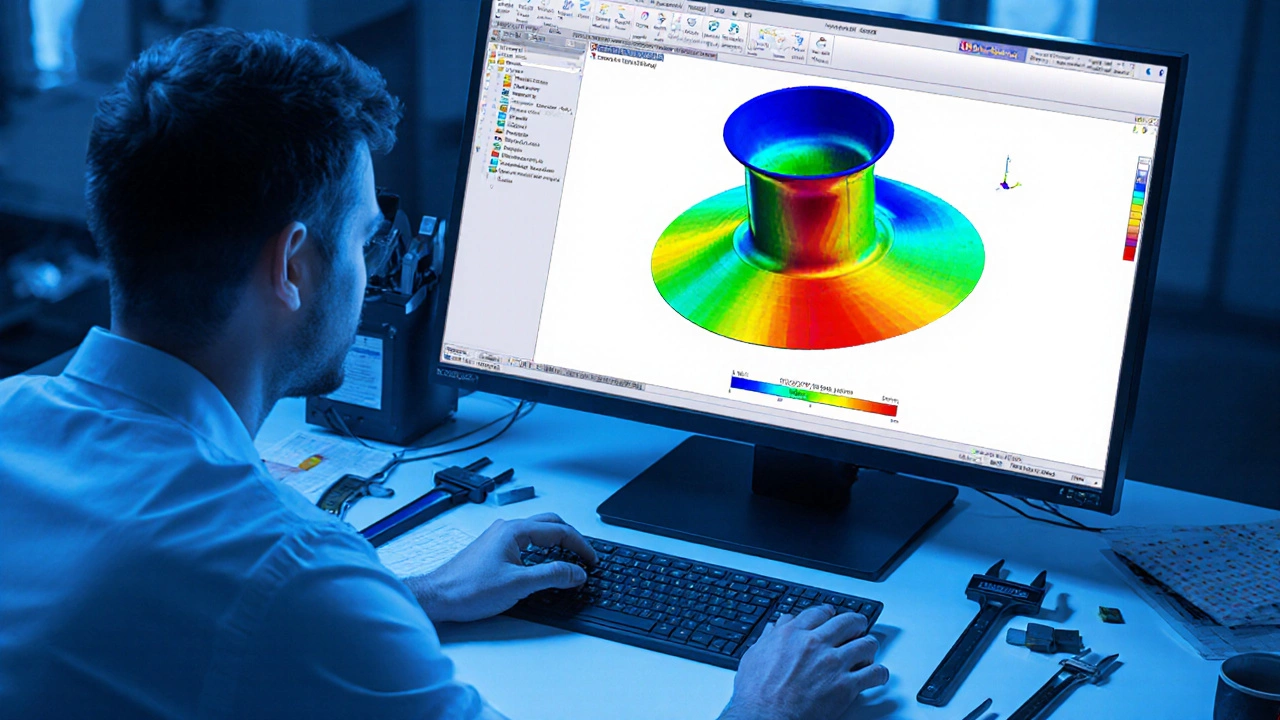 Инженер анализирует симуляцию напряжений на экране, видны тепловые карты деформаций детали.