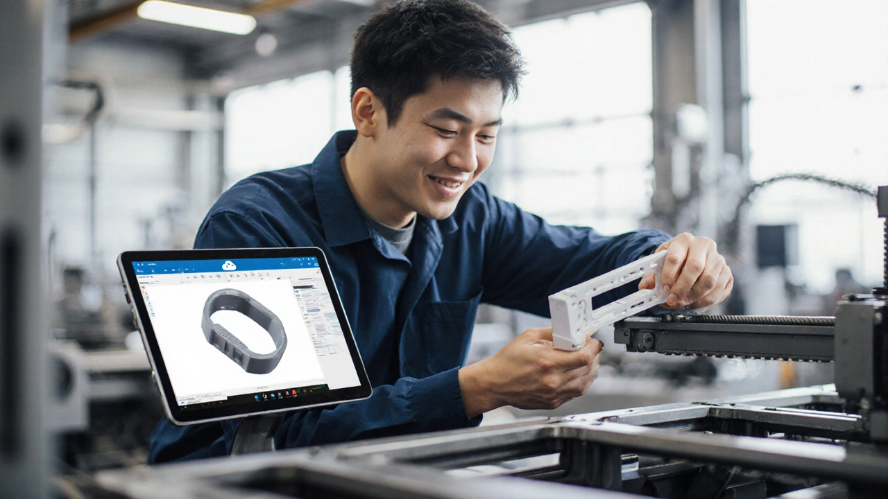 Инженер проверяет 3D-напечатанную деталь на станке, на планшете видна облачная модель.