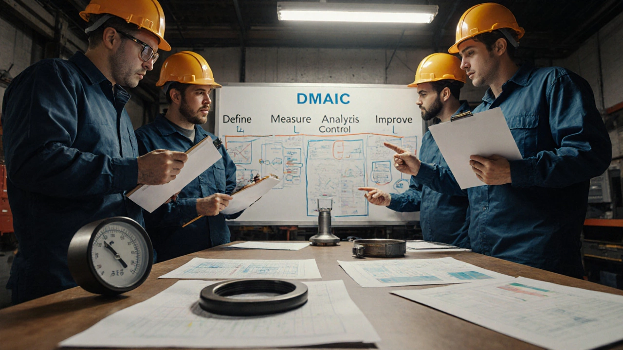 Инженеры анализируют причину брака на доске с этапами DMAIC.