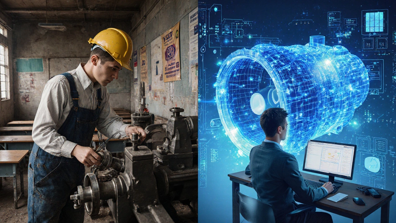 Контраст: инженер в старом цеху слева, цифровая модель турбины с датчиками справа — символ разрыва между устаревшим производством и инновациями.