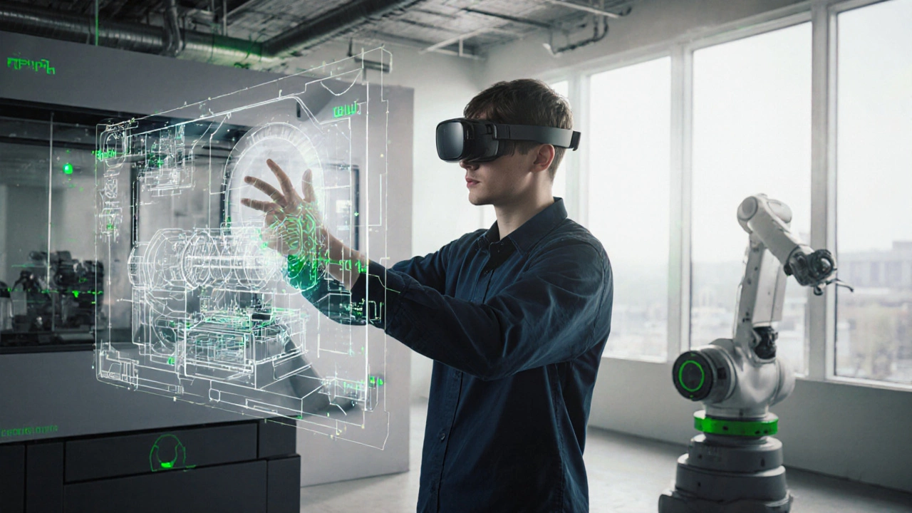 Молодой инженер в России взаимодействует с цифровым двойником станка через AR-очки в современном центре обучения.
