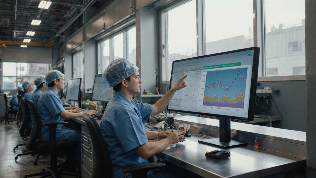 Операторы на производственной линии следят за показателями на цифровых экранах.