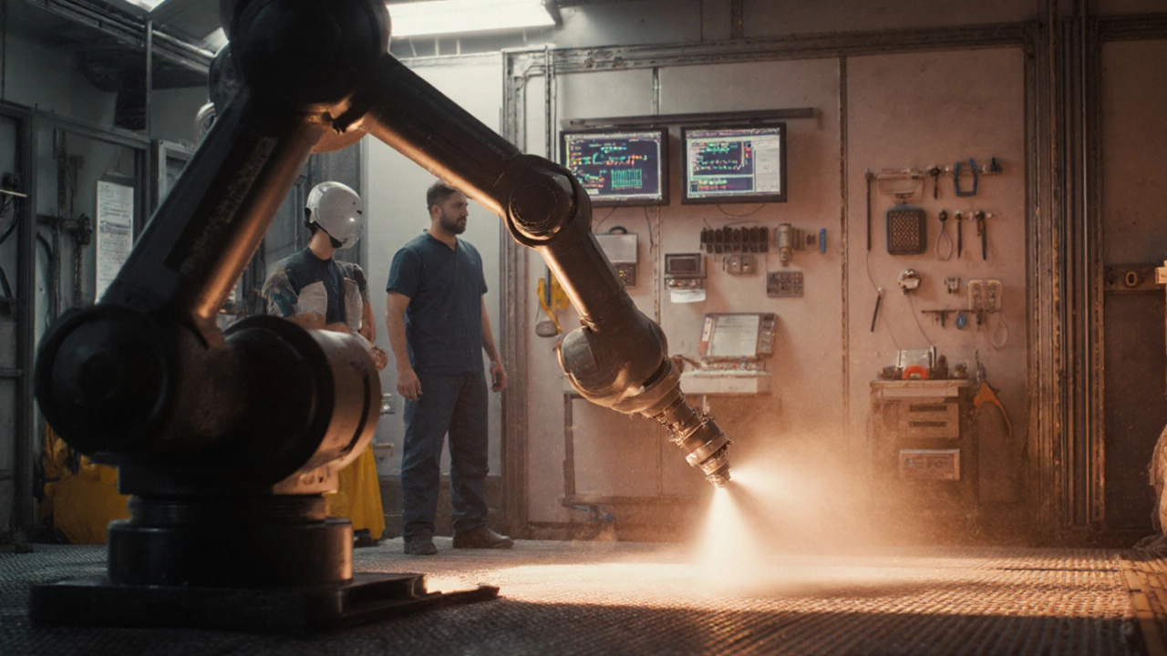 Пилотный участок автоматизированной покраски с роботом и датчиками, операторы наблюдают за данными на мониторе.