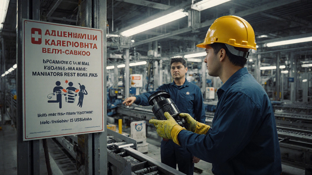 Рабочий на конвейере поднимает груз, рядом — инструкция по эргономике и медицинский пункт.