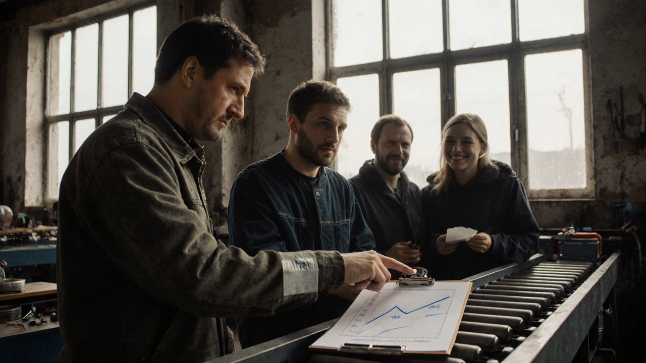 Рабочий показывает простой датчик на конвейере — результат инновации на малом заводе