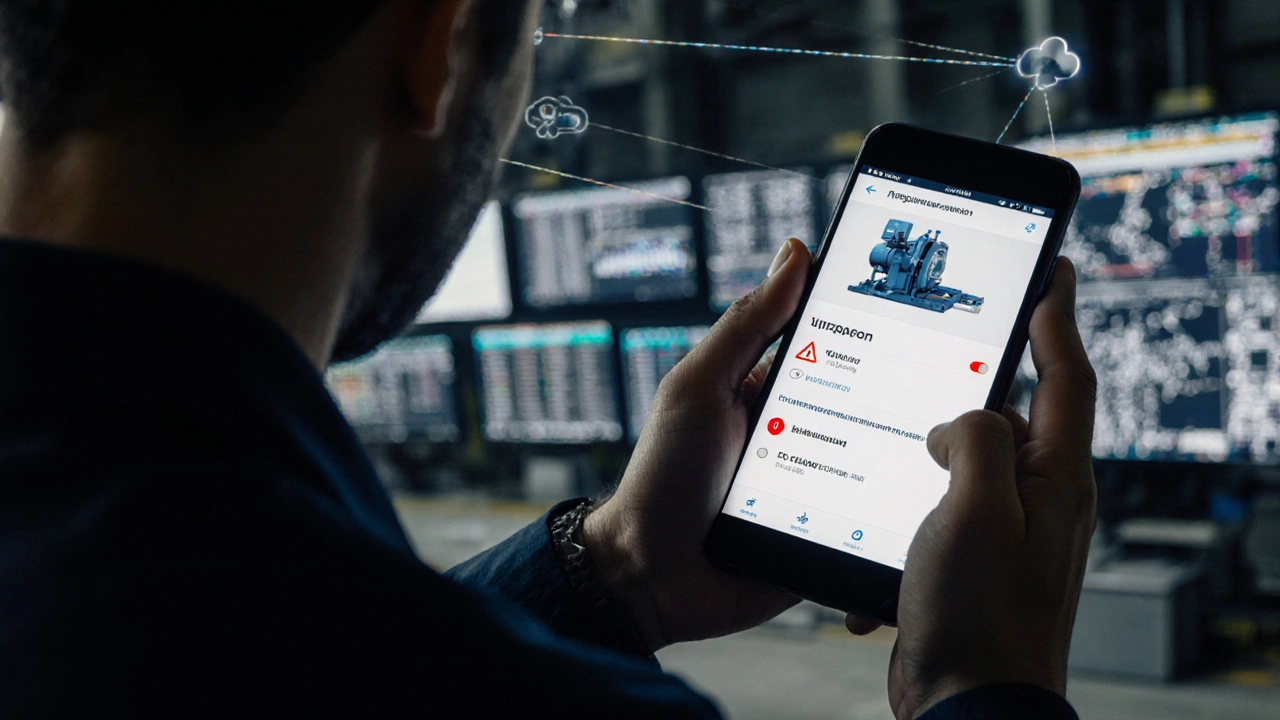 Рабочий получает уведомление на телефон о предсказуемом ремонте станка, рядом — мониторы с данными датчиков всех машин в цеху.