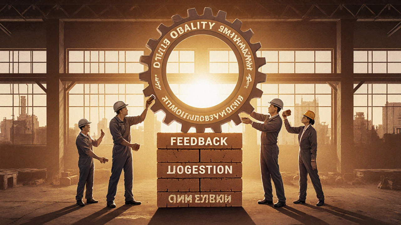 Работники разных профессий строят стену из кирпичей, символизирующих управление качеством.