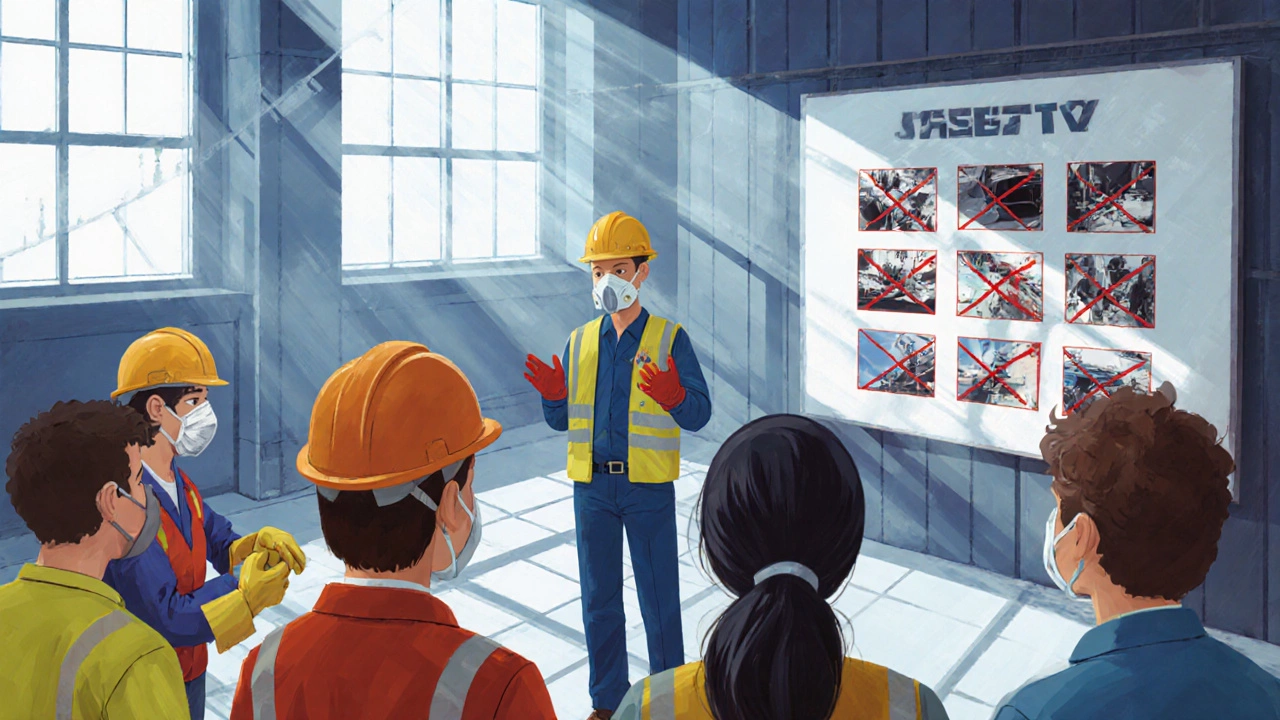 Сотрудники проходят инструктаж по использованию средств защиты в цеху.