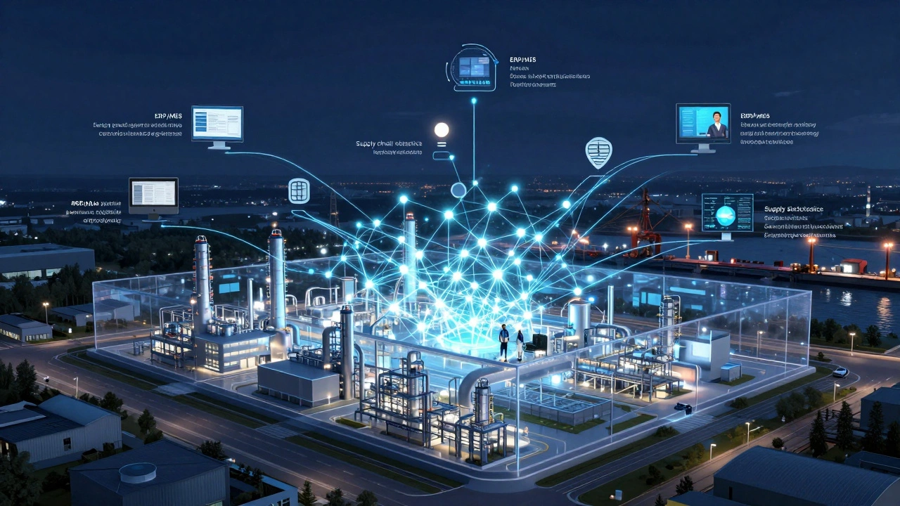 Цифровая экосистема промышленного производства: энергия, данные, логистика и экоконтроль, визуализированные как сеть.