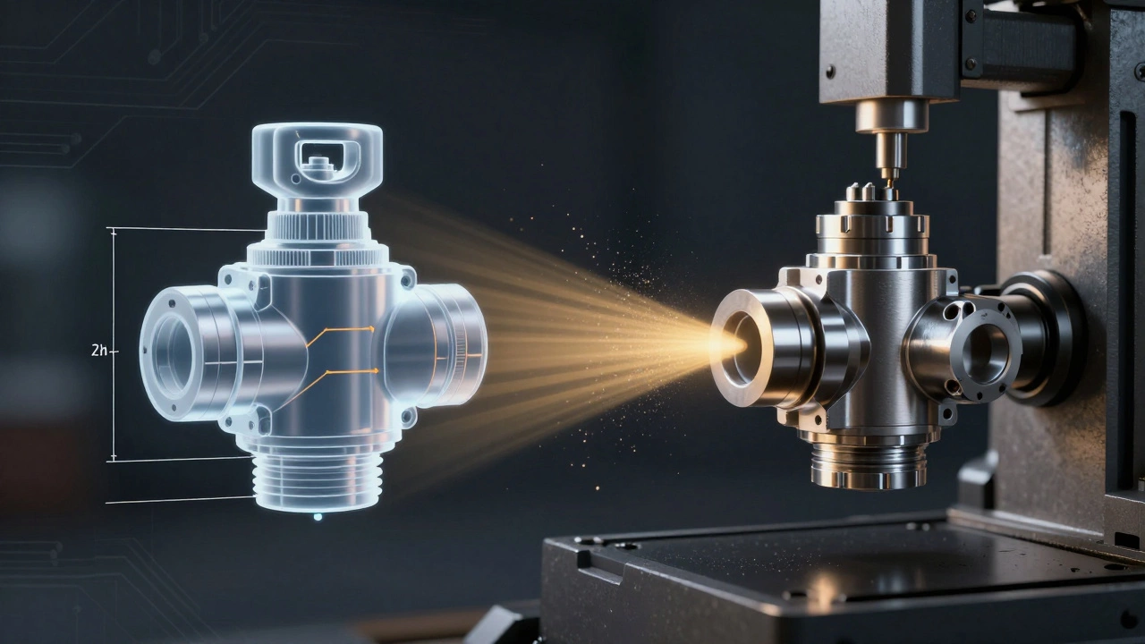 Цифровая модель детали превращается в реальный металлический компонент, соединённый золотыми лучами.