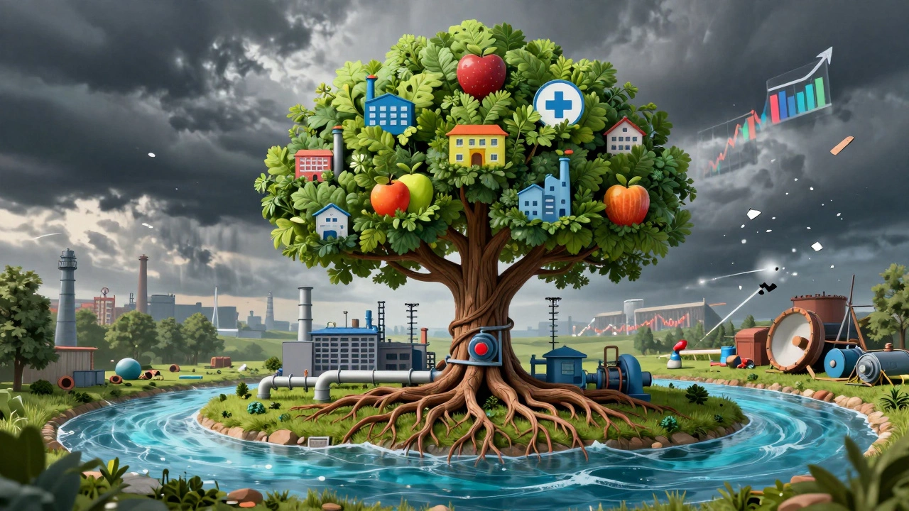 Дерево растёт из завода, корни — это трубы, ветви несут символы школ, больниц и заводов.