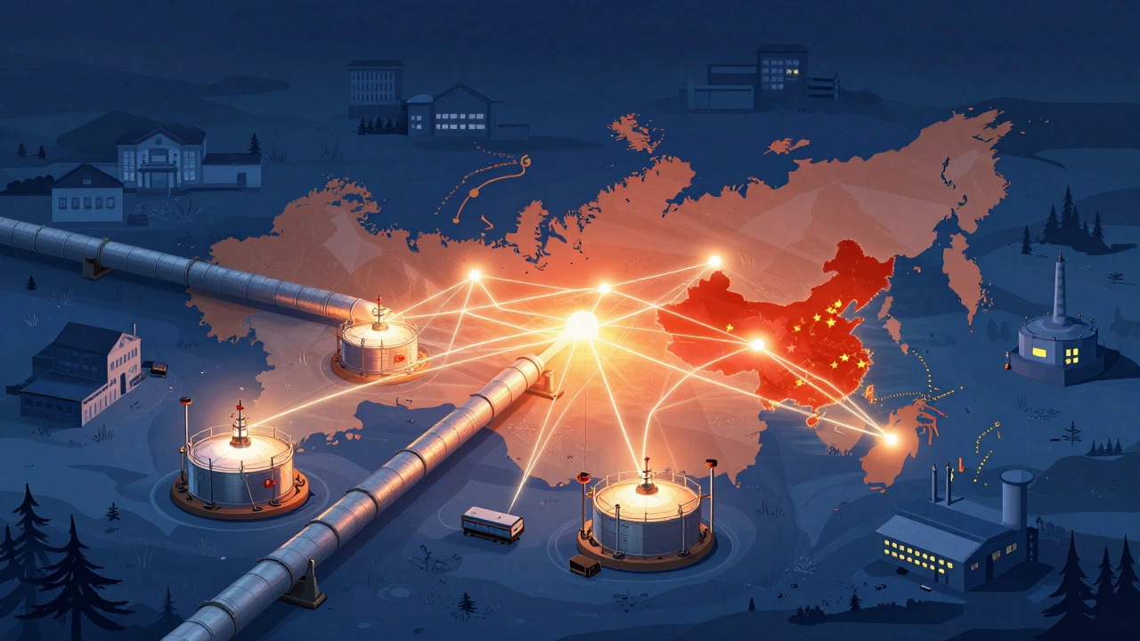 Глобальная сеть энергетических потоков от сибирских газовых месторождений к Азии и Европе, питая города и заводы.