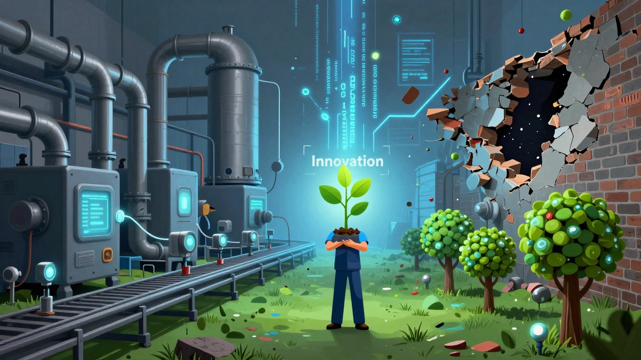 Концептуальное изображение завода как живого организма: датчики — как нейроны, старые машины растворяются в коде, а работник сажает дерево инноваций.