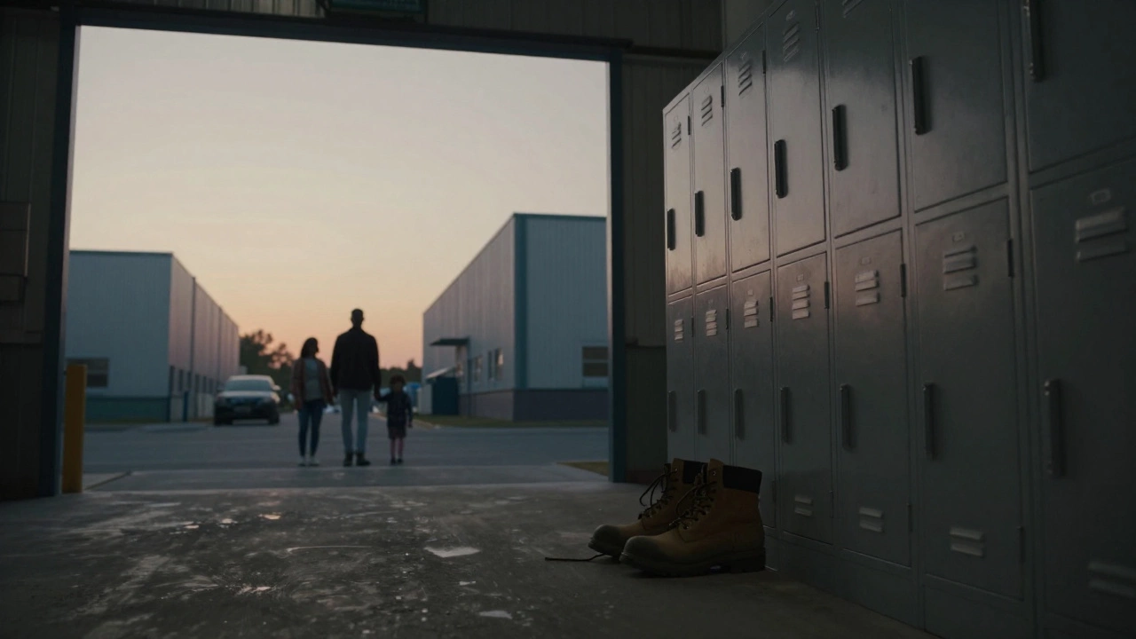 Одни рабочие ботинки у шкафчика, вдалеке — семья ждёт回家.