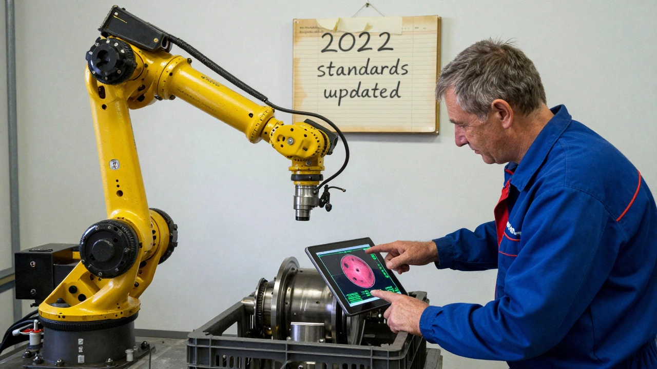 Рабочий в российском цеху анализирует на планшете данные о браке, рядом — робот укладывает идеальную деталь, на стене — старый журнал и заметка с обновленными стандартами.