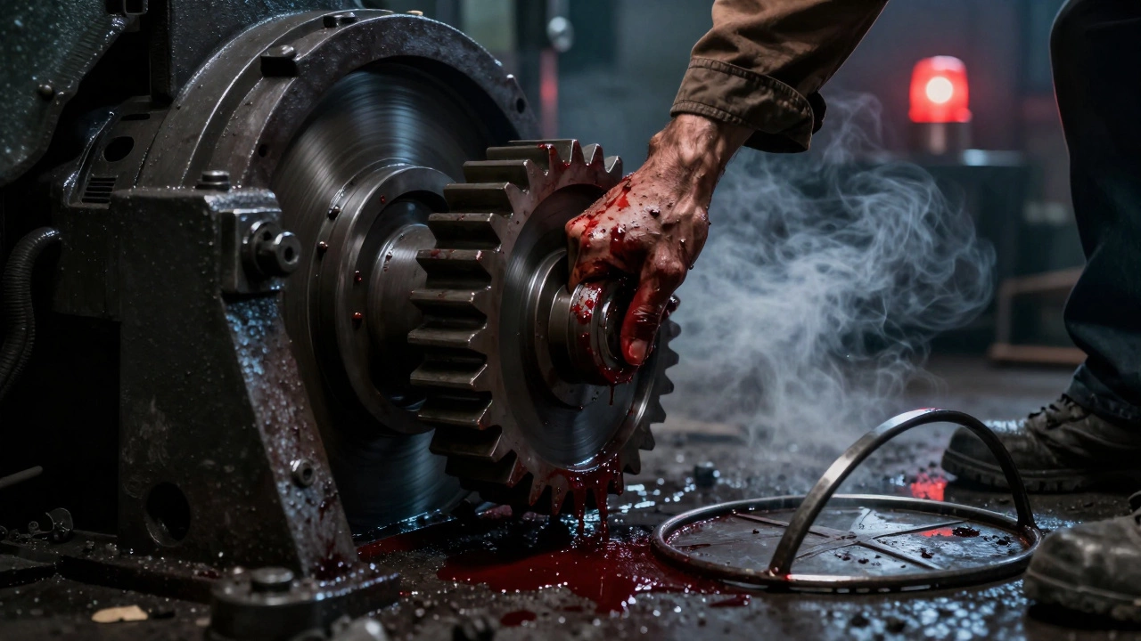 Рука рабочего застряла в вращающемся механизме, защитный кожух снят.