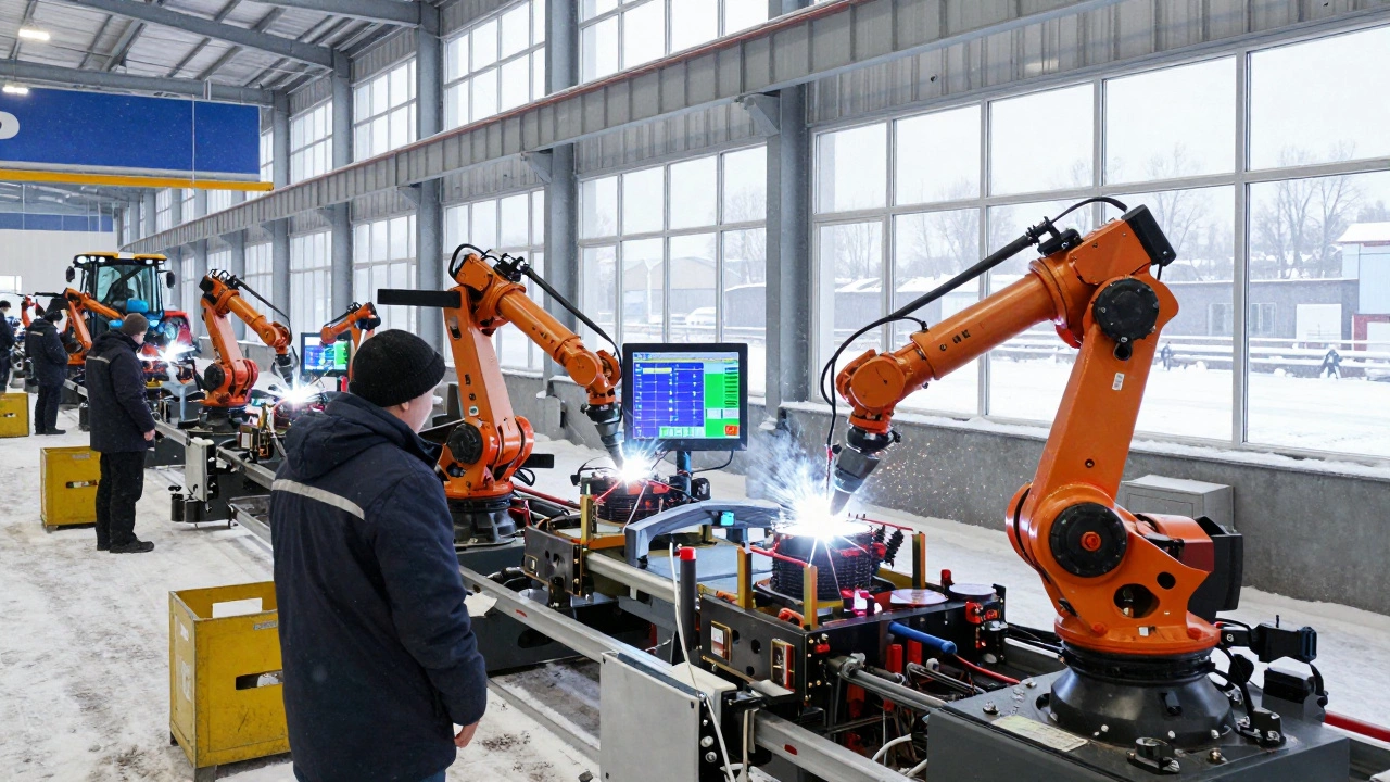 Сборочная линия сельхозтехники в Ростове-на-Дону с роботами и рабочими, собирающими тракторы.