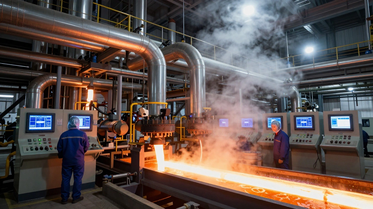 Современный нефтеперерабатывающий завод в Омске с автоматизированными системами и рабочими в защитной экипировке.