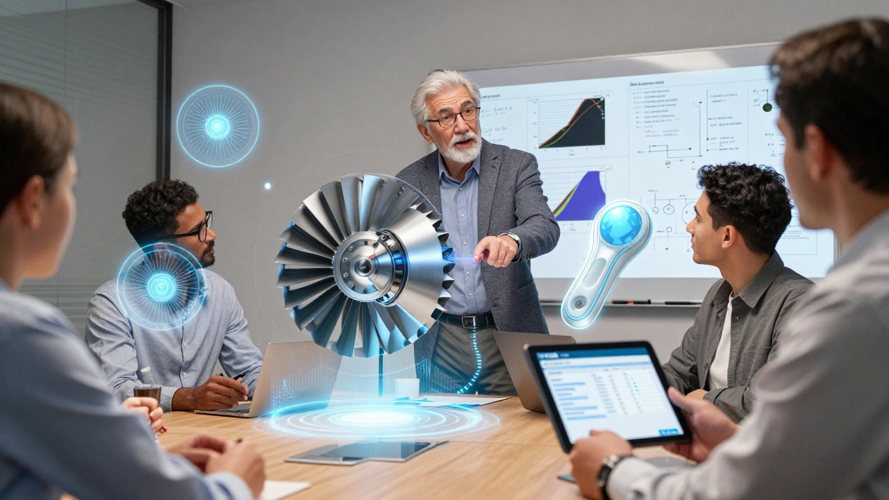 Старший 3D-моделлер представляет сборку инженерам, вокруг — голографические проекции деталей.