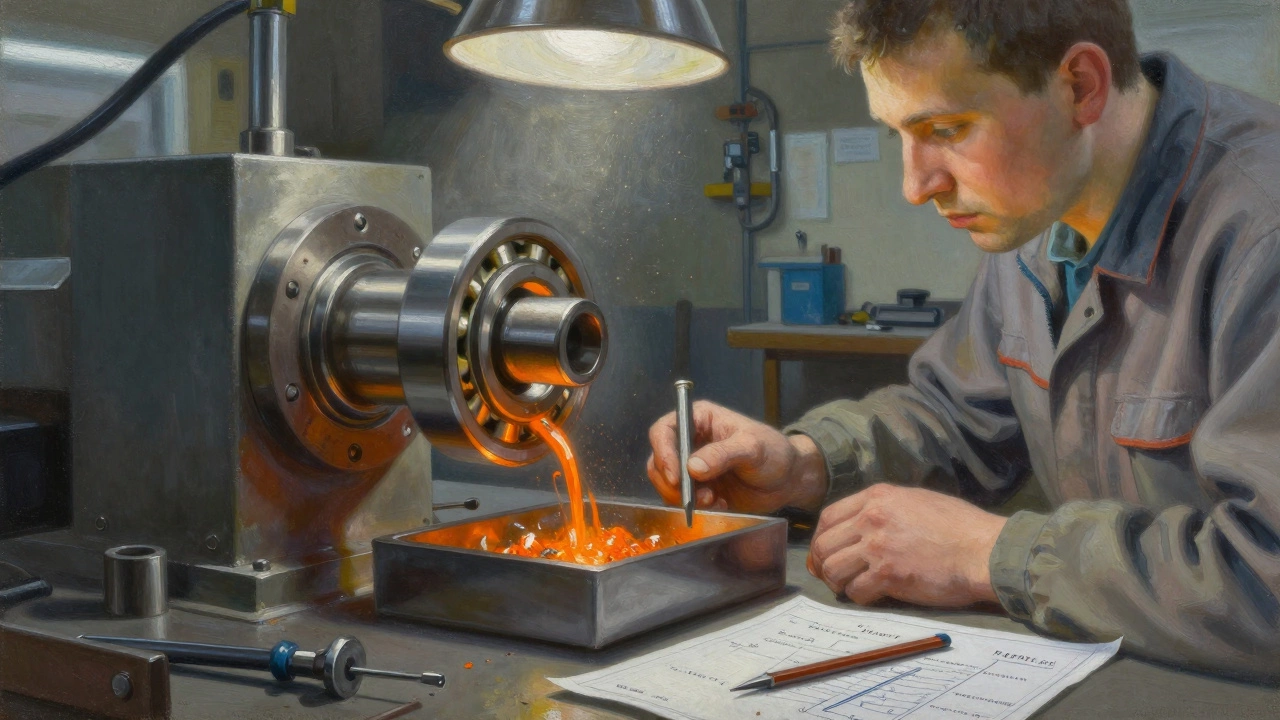 Техник наблюдает за изготовлением точного подшипника, металлическая стружка падает на поднос.