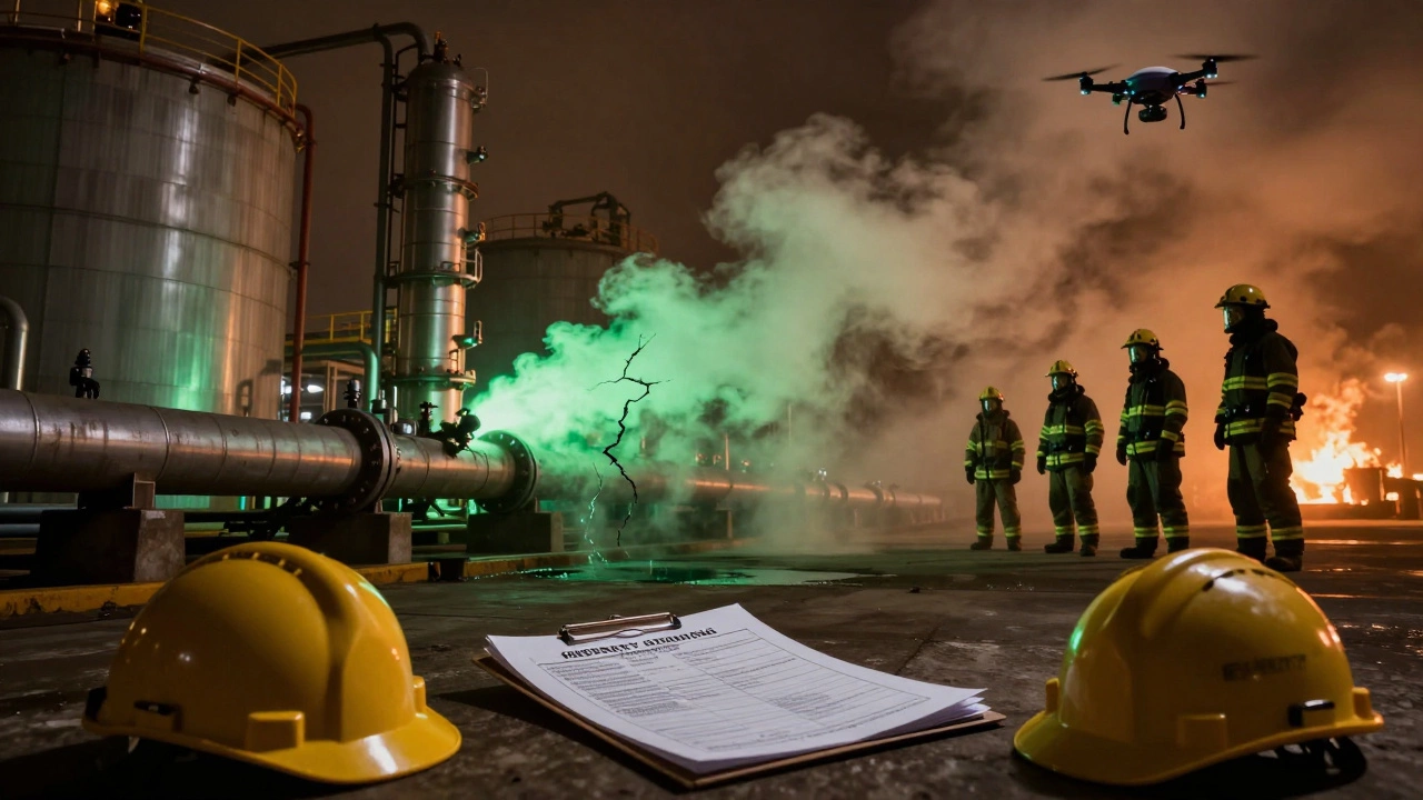 Утечка химиката на складе: пожарные и дроны реагируют на аварию при дымном закате.