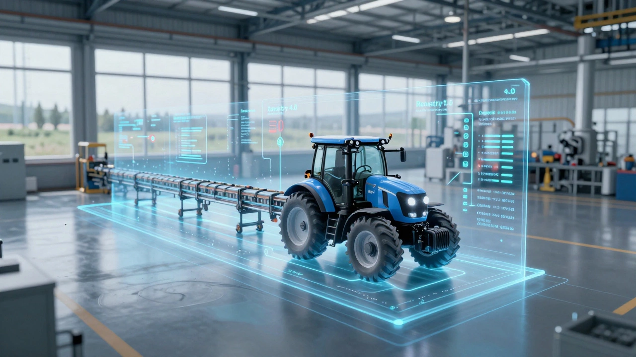 Цифровой двойник промышленной линии, связанный с реальным производством потоками данных.