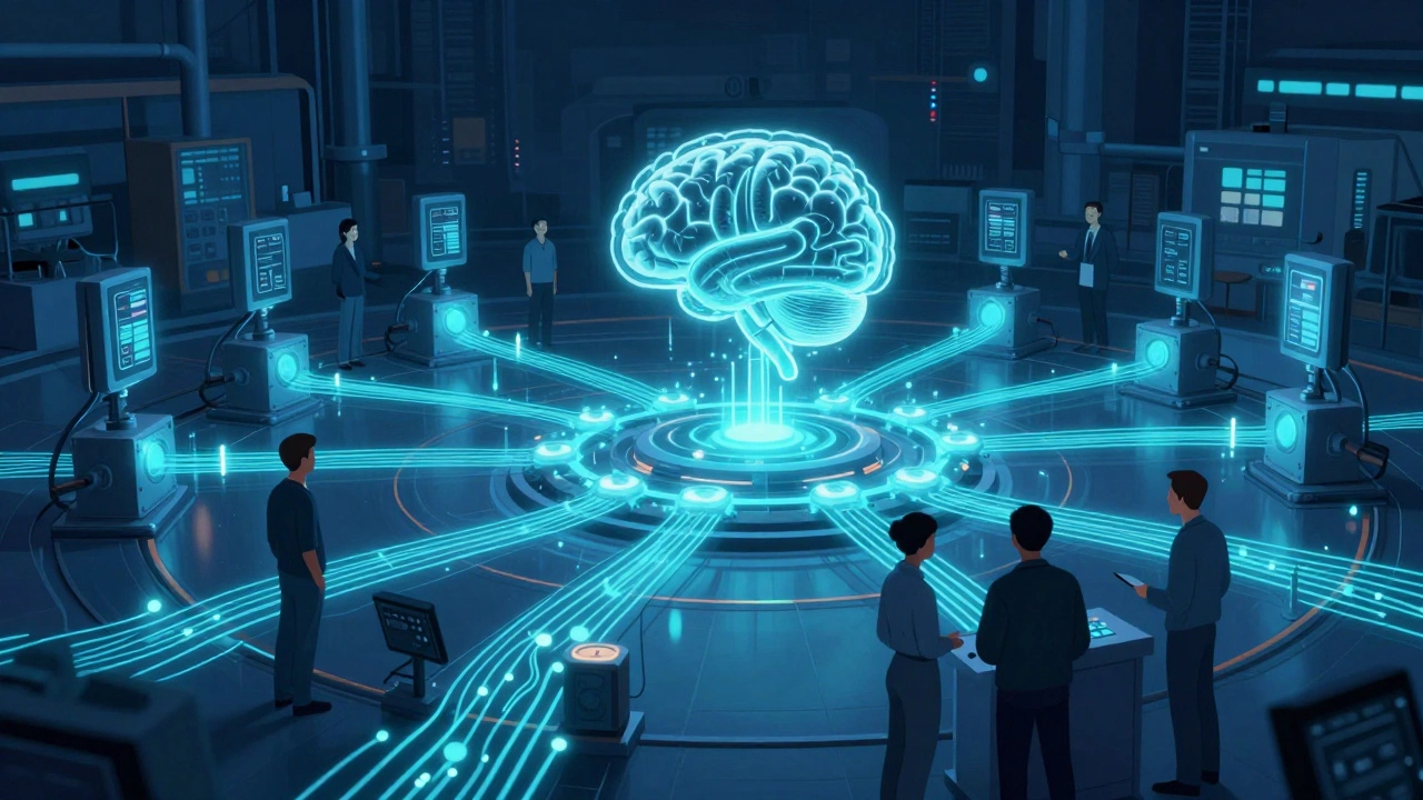 Цифровые потоки данных соединяют станки и работников в виде нейросети.