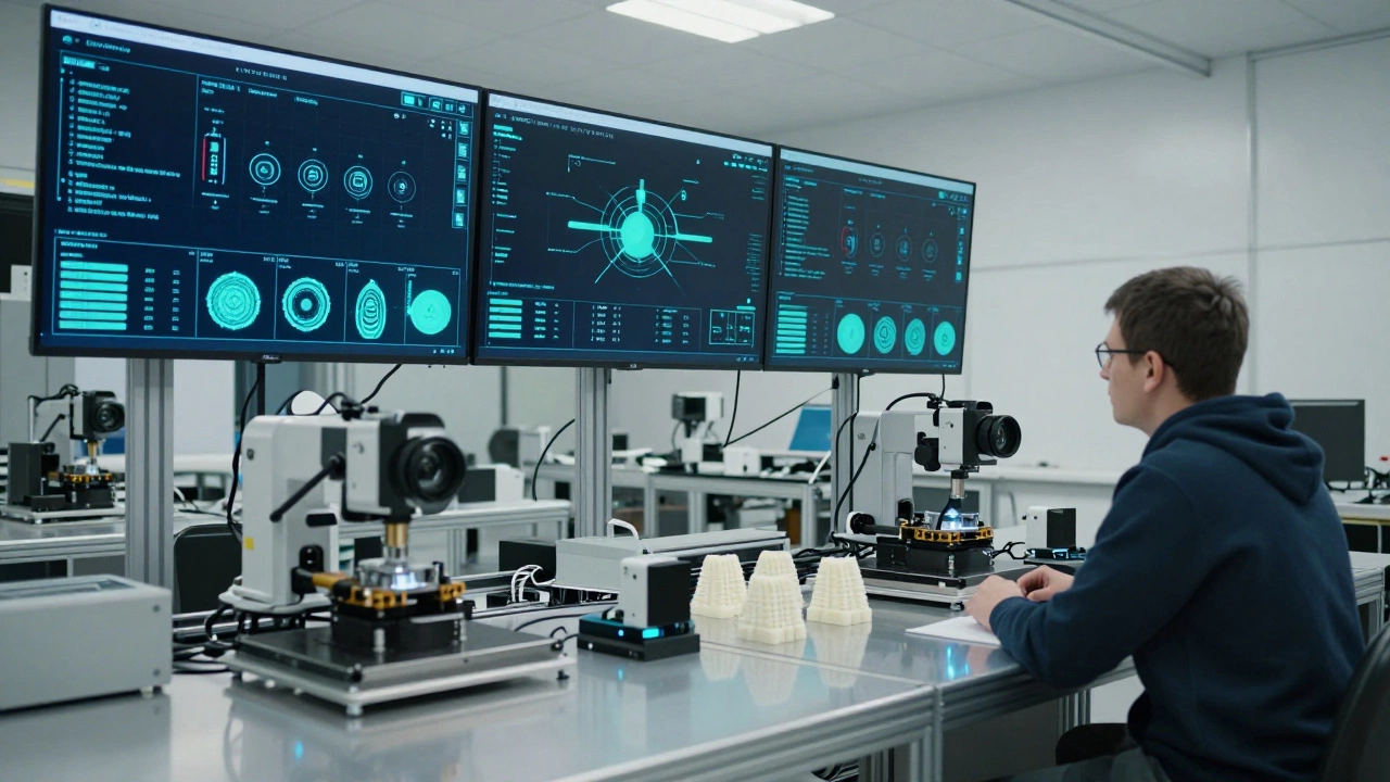 Инженер наблюдает за цифровым двойником производственной линии в тихом цеху.